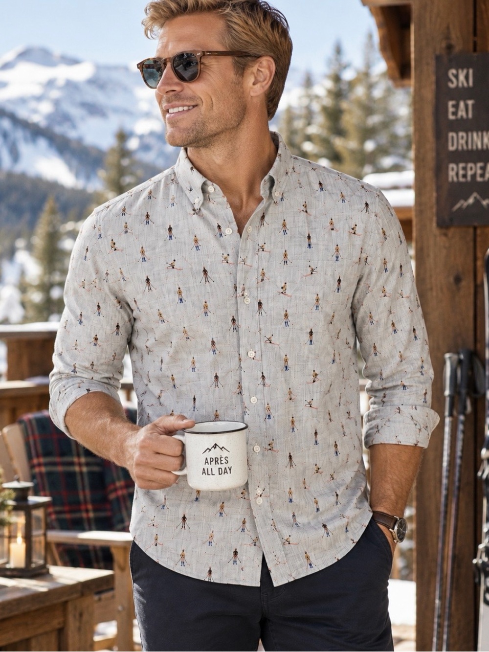 Bonobos Ski Print Sport Shirt L Slim Fit Après Ski Novelty Cotton